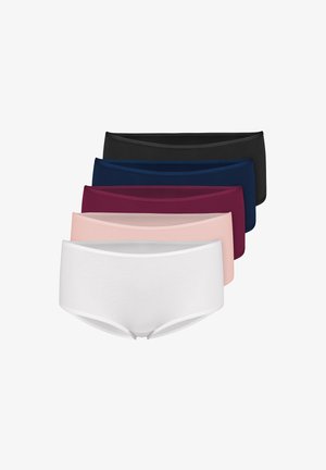 Marineblaue nahtlose Hipster-Unterwäsche, getragen am unteren Rumpf, zeigt die Taille und oberen Oberschenkel einer Person.