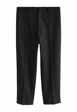Schwarze Hosen aus leichtem Stoff, mit flachem Bund, geradem Bein und zwei vorderen Taschen. Keine sichtbaren Muster oder Akzente.