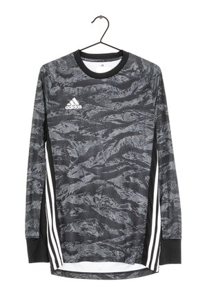 Długi rękaw koszulka sportowa Adidas z czarno-szarym abstrakcyjnym wzorem, białe logo na piersi i trzema białymi paskami po bokach.