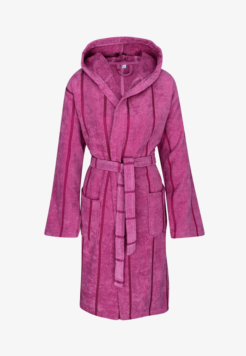 Fuchsia Kapuzenbademantel aus strukturiertem Stoff, mit langen Ärmeln, Fronttaschen und einem passenden Gürtel. Verfügbar mit vertikalen Streifenmuster-Details.