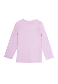 Maglietta a maniche lunghe di colore lilla chiaro con scollatura rotonda e materiale in cotone morbido. Presenta una superficie liscia e un design semplice, senza motivi.