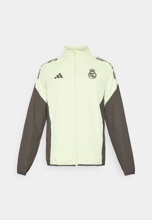 Adidas-Jacke mit einem hellgrünen Hauptteil und dunkelbraunen Ärmeln. Verfügt über einen hohen Kragen, einen Frontreißverschluss und ein Logo auf der Brust.