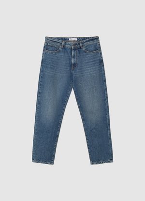 Light blue denim jeans with a relaxed fit, straight leg design, five pockets, and subtle whiskering details on the front.