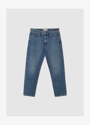 Light blue denim jeans with a relaxed fit, straight leg design, five pockets, and subtle whiskering details on the front.