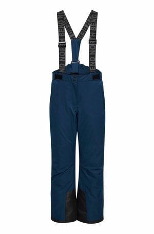 Marineblaue Schneehosen mit verstellbaren schwarzen Trägern. Merkmale sind eine glatte Textur, verstärkte schwarze Unterteile und Fronttaschen.