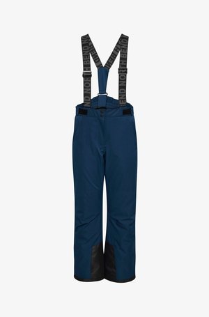 Marineblaue Schneehosen mit verstellbaren schwarzen Trägern. Merkmale sind eine glatte Textur, verstärkte schwarze Unterteile und Fronttaschen.