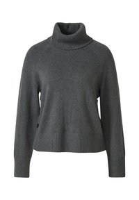 Pull en col roulé gris charbon avec texture côtelée, épaules tombantes et détails de boutons sur les côtés. Tissu tricoté doux. Coupe standard.