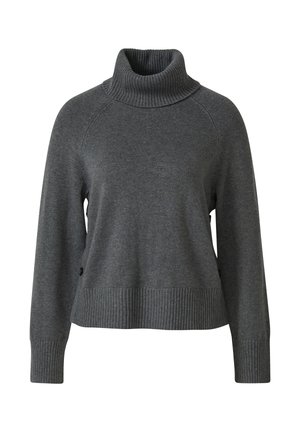 Söeheline hall turtleneck-kampsun ribaga tekstuuriga, langenud õlavarred ja külgedel nupud. Pehme kudum. Tavaline istuvus.