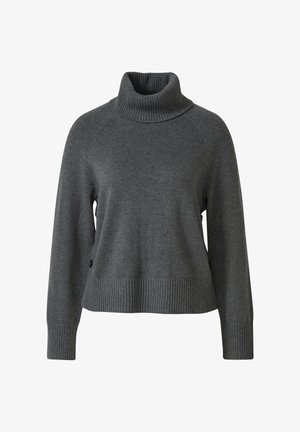 Söeheline hall turtleneck-kampsun ribaga tekstuuriga, langenud õlavarred ja külgedel nupud. Pehme kudum. Tavaline istuvus.