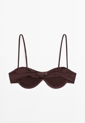 Donkerbruine beugel-bh met dunne verstelbare bandjes en twee sluitingen aan de achterkant, afgebeeld tegen een witte achtergrond.