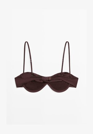 Dunkelbrauner Büstenhalter mit Bügel, dünnen verstellbaren Trägern und zwei Verschlüssen auf der Rückseite, vor weißem Hintergrund dargestellt.