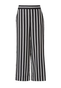 Černé široké kalhoty s bílými vertikálními pruhy a pevně přiléhajícím pasem, zkrácené na kotníku.