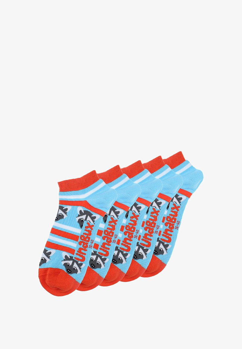 Cinque paia di calzini alla caviglia con una base blu, dettagli rossi, grafiche di procioni e motivi a righe. Realizzati in materiale morbido ed elastico.