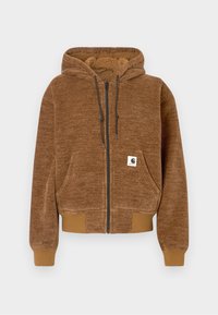 Fleece com fecho éclair castanho, capuz com cordão, bolso frontal, punhos e bainha canelados, e etiqueta branca da marca Carhartt no bolso.