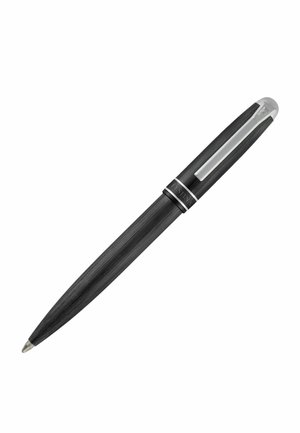 Black ballpoint pen with silver clip and tip, textured finish, and brand name near the top of the cap.