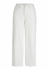 Jeans bianchi a vita alta realizzati in denim, con taglio dritto, chiusura con bottoni e orli a taglio vivo per un look casual.