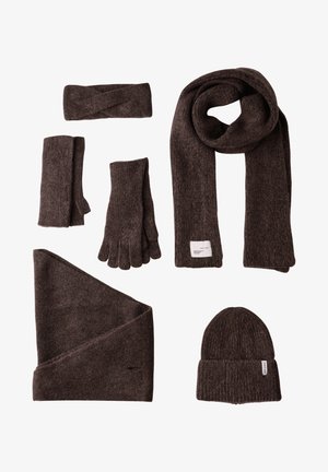 Dark brown knit accessory set, including a scarf, hat, gloves, headband, and fingerless gloves. Soft texture with ribbed and flat patterns.