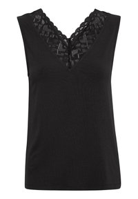 Black sleeveless top with a deep V-neck, featuring a lace trim at the neckline and a smooth, soft fabric for comfort.
