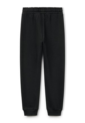 Zwarte trainingsbroek met een elastische tailleband, taps toelopende benen en ribgebreide boorden, gemaakt van een zachte, rekbare stof. Geen zichtbare patronen of details.