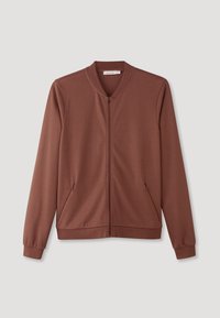 Brun zip-up jacka med rund krage, långa ärmar, två sidofickor och ett mjukt, stretchigt tyg.