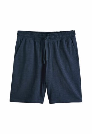 Tengerészkék sportos rövidnadrág rugalmas derékrésszel, elöl zsinóros megkötővel és oldalsó zsebekkel.