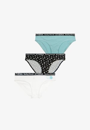 Trois paires de culottes pour femmes en bleu, noir avec des points souriants blancs, et blanc avec des visages souriants bleus sur la ceinture.