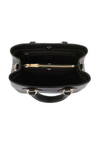 Sac à main en cuir noir texturé avec quincaillerie dorée, poche zippée et poignées doubles. Intérieur spacieux avec un compartiment zippé unique.