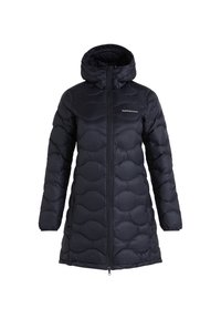 Black puffer coat with a zip front, hood, and textured wavy pattern. Features long sleeves and a medium-length hem. Brand logo on chest.