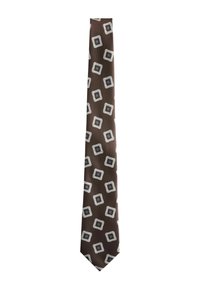 Brown tie featuring an alternating pattern of white squares with blue centers. Smooth texture, narrow shape, suitable for formal wear.