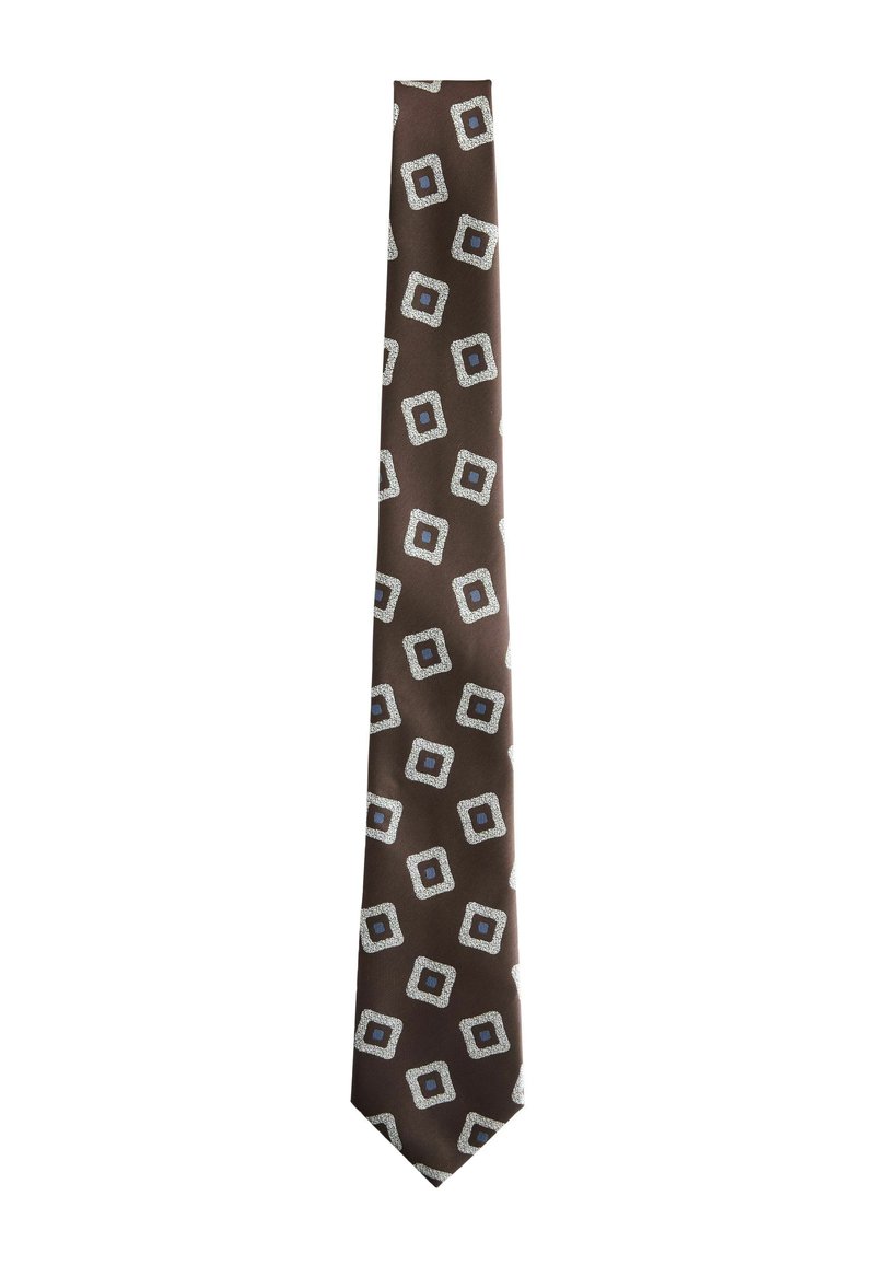 Brown tie featuring an alternating pattern of white squares with blue centers. Smooth texture, narrow shape, suitable for formal wear.