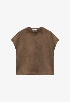 Top scurt din suede maro, cu guler rotund, croială lejeră și o textură netedă. Partea din spate include un detaliu cu o cusătură centrală.