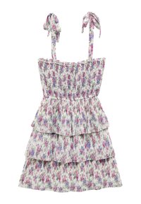 Abito estivo floreale con corpetto arricciato, ruffles a strati e spalline regolabili. Motivoo floreale colorato in viola e rosa su sfondo bianco.