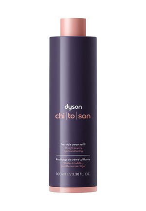 Ricarica di crema pre-styling Dyson Chi|to|san in una bottiglia alta e slanciata di colore viola con finitura opaca e tappo rosa a contrasto. 100 ml.