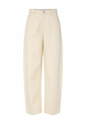 Pantalon à taille haute couleur crème, jambes larges, avec poches avant, passants pour ceinture et fermeture par bouton à la taille.