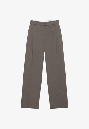 Pantalon gris à jambe droite et taille haute, avec passants de ceinture et détails de couture centrale, présenté à plat sur un fond blanc.