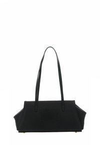 Sac à main noir de forme rectangulaire, en matériau texturé, avec des poignées longues et plates, et une discrète pièce de logo à l'avant. Accents dorés à la base.