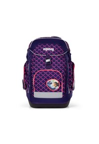 Zaino viola con motivo a scaglie rosa, design riflettente frontale, tasche laterali e patch a forma di sirena rotondo. Dotato di spallacci regolabili.