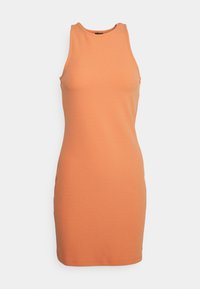 Vestido de alça em tecido laranja macio e elástico. Ajuste justo ao corpo com uma textura suave, comprimento até ao joelho e sem nenhum hardware visível.