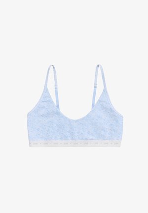 Bralette de algodón azul claro con tirantes finos y un escote con forma de ondas. Presenta una banda elástica con el texto "LOVE" en un patrón repetido.