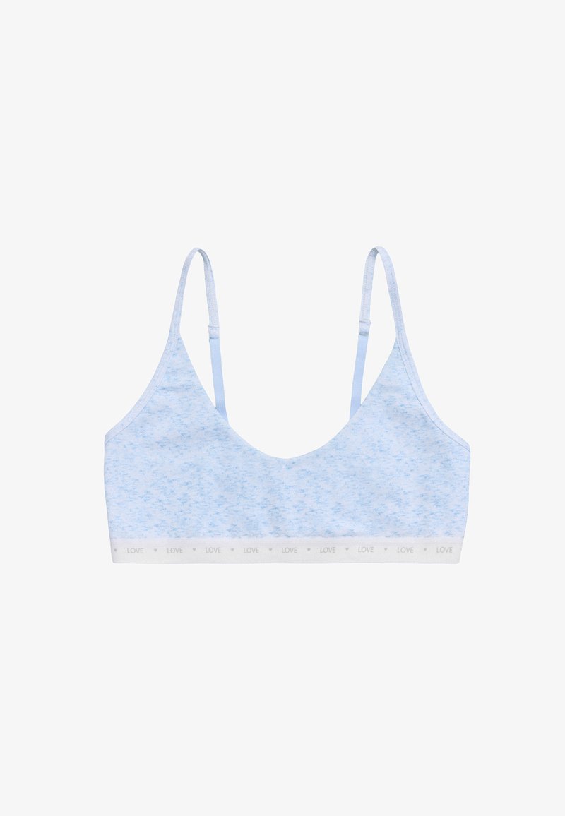 Bralette de algodón azul claro con tirantes finos y un escote con forma de ondas. Presenta una banda elástica con el texto "LOVE" en un patrón repetido.