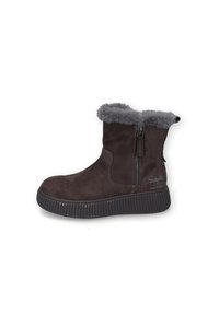 Braune Wildlederschuh mit grauem Kunstfellbesatz, seitlichem Reißverschluss und strukturiertem Gummisohle. Mit Logodetail an der Seite.