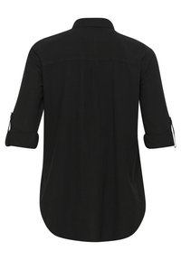 Camicia nera con bottoni, colletto, maniche lunghe arrotolate fino ai gomiti e orlo curvo. Realizzata in un tessuto leggero e morbido.