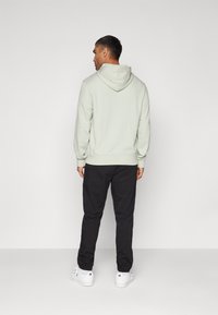Lys grønn hoodie med hætte og ribbede manchetter, parret med sorte bukser og hvide sneakers, set fra ryggen mod en ensfarvet baggrund.
