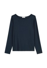 Top a maniche lunghe blu navy realizzato in morbido tessuto. Presenta un ampio scollo rotondo e una vestibilità comoda, senza motivi o dettagli visibili.