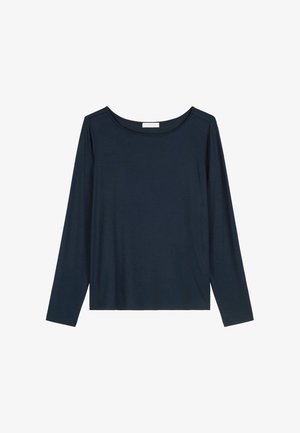 T-shirt à manches longues bleu marine en tissu doux. Il dispose d'un col rond large et d'une coupe décontractée, sans motifs ni accents visibles.