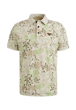 Blomstret polo skjorte i cremefarve med grønne og brune botaniske mønstre, tre-knaps lukning og broderet logo på brystet.