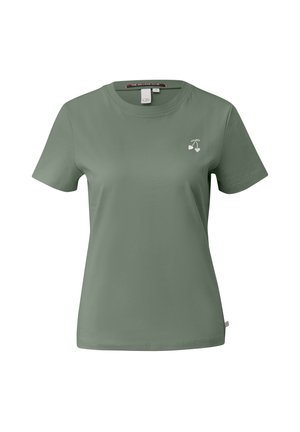 T-shirt vert sauge à manches courtes avec col rond, arborant un petit motif de cerise blanche sur le haut gauche de la poitrine.