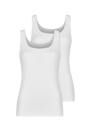 Two plain white sleeveless tank tops with scoop necks, displayed one behind the other on a white background.