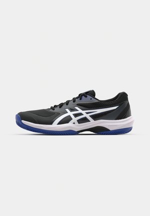 Black and gray athletic shoes with a mesh design, featuring a white logo and blue sole, and lacing system for secure fit.