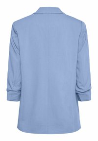 Blazer azzurro chiaro con taglio formale, dotato di maniche lunghe, colletto a punte e una texture liscia. La vista posteriore mostra un design semplice.